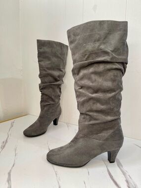 Aerosoles Slouch Boots Womens 7M Gray Running Play Knee High Cone Heels Suede